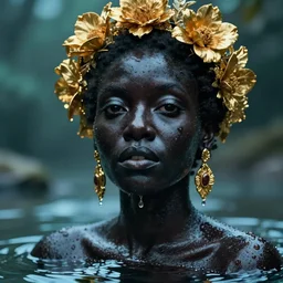 hyperrealistic post rococo cinematic very expressive! black oshun goddess, open eyes, in water up to her shoulders, mirror dripping droplet!, gold flowers, highly detailed face, digital art masterpiece, smooth eric zener cam de leon dramatic pearlescent teal light, ground angle uhd 8 k, sharp focus