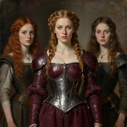 portrait of beautiful medieval swedish woman wearing maroon power armor with steel overbust corset. intricate painting by ross tran, magali villeneuve, and jeremy mann.