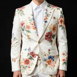 A Japanese artwork of a man wearing a white floral suit, with many flowers in a stylistic manner