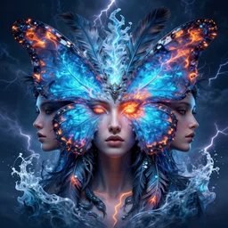 3 d goddess butterfly face portrait, sigma 5 0 0 mm f 4, beautiful intricate highly detailed quetzalcoatl feathers. bioluminescent, plasma, lava, ice, water, wind, creature, thunderstorm! artwork by tooth wu and wlop and beeple and greg rutkowski, 8 k trending on artstation,