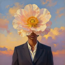 a portrait, giant flower as head, black woman in suit, surreal photography, golden hour, colorful clouds, impressionist painting, digital painting, artstation, simon stalenhag