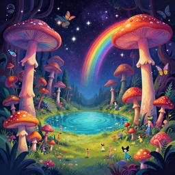 psychedelic mushrooms, enchanted cosmic forest, mushrooms on the ground, small fairies, stars in the sky, butterflies, rainbows, psychedelic, wide angle shot, vector art, lake with a clearing, fantasy poster illustration by helen huang and frank frazetta and salvador dali