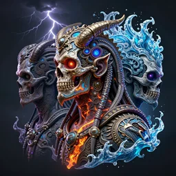 3 d ornate carved hellboy with tattoos profile portrait, sigma 5 0 0 mm f / 5. beautiful intricate highly detailed quetzalcoatl skull. bioluminescent, plasma, lava, ice, water, wind, creature, thunderstorm! artwork by tooth wu and wlop and beeple and greg rutkowski, 8 k trending on artstation