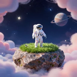 a rock with grass in the middle of the screen, on the rock is an astronaut, in the background you can see stars and a planet, at the edge of the picture are colorful clouds