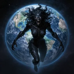 A frightening gestalt floats through the universe, the destroyer of worlds reaches for earth as the void screams, glowing eyes and hair, pitch black skin, highly detailed, digital painting, artstation, concept art, 8K, art by George Lukas.