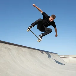 a dynamic action photograph of nyja huston doing a kickflip down a set of stairs in san francisco at golden hour