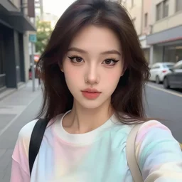 selfie of a young woman, winged eyeliner, pastel clothing, urban environment, depth of field, octane render, digital painting, trending on artstation