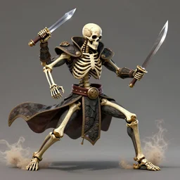 skeleton warrior fighting with anamorphic shawarma with swords