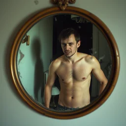 a dirty mirror, reflecting a short, abject man, surreal