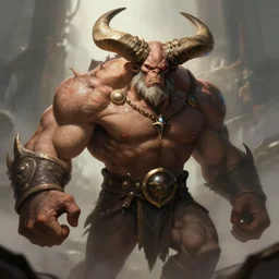 mutant man, fantasy boss, dramatic illustration, muscular character, huge horns, art by greg rutkowski, digital art, artstation