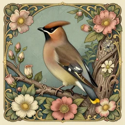 ethereal bohemian waxwing bird, bombycilla garrulus, intricate details, ornate, detailed illustration, johanna rupprecht, william morris, trending on artstation, a bird sitting on top of a tree filled with flowers, by marco mazzoni, featured on cgsociety, rococo, whimsical