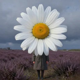 portrait, gigantic daisy flower head, a girl wearing a coat in heather field, surreal photography, wind and cold, dramatic sky, impressionist painting, digital painting, artstation, simon stalenhag