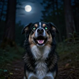 an otherworldly photo of a dog. something isn't quite right about her. her eyes glowing in the moonlight, her fangs smiling at me. photo by campfire from campout in deep woods last summer. her howling that night seemed almost posessed... sometimes my dog really scares me... sometimes it's subtle... she almost looks cute but in demonic,