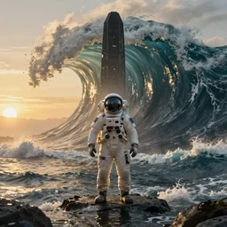hyperdetailed atmospheric masterpiece concept art of an astronaut standing in the middle of the ocean with a gigantic tidal wave in the background, high quality trending on ArtStation by Simon Stalenhag, golden hour, scifi mysterious black monolith