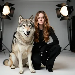 kristen ritter with her pet timber wolf, studio lighting 5 0 mm