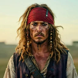 photo portrait of an rugged albino african pirate with a red headband | brown brown!!!!! vest | young adult, thin blonde mustache thin beard, big afro blonde hair, stern face, rugged and dirty, cinematic lighting at sundawn, movie color grading