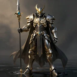 dark knight king in modular armor, wielding a magical lance, full body heroic pose. dark water, solarpunk, pearl armor, futuristic fantasy, highly detailed, digital painting, trending on art station, concept art, sharp focus, edge light on armor, golden hour, rembrandt, illustration, art by artgerm and nixeu and greg rutkowski and magali villeneuve.