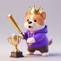 realistic 3 d render of an anthropomorphic dog wearing a golden crown and a purple hoodie. the dog is smashing a golden trophy with a baseball bat. well lit, full body shot