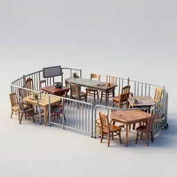a les miserables style barricade made of tables, chairs, wheels, and other assorted junk in the middle of a road with houses and shops on both sides, watercolor painting