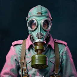 portrait of futuristic world war 1 russian soldier with gas mask, dark night background, pink and jade colors, high details, dripping paint, greg rutkowski, craig mullins, ash thorpe, fibonacci rhythm ar