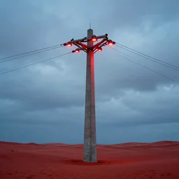 a concrete tower with several power cables coming from the top of the tower and going out of frame, the tower stands in red sand beach, cloudy day, blue hour, by filip hodas, by simon stalenhag, cinematic, dramatic light, red lights, concept art, matte painting, trending on artstation, dystopia, cyberpunk