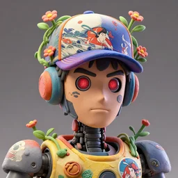 colourful caricature - 3 d vfx art - portrait of a mecha robot wearing a baseball cap with vines & flowers growing from under the cap, art style by tenmyouya hisashi & utagawa kunisada, character concept art, unreal engine render, digital illustration, claymation, sharp, intricate detail, volumetric light, ray tracing, soft light, symmetric, pinterest, artstation, behance,