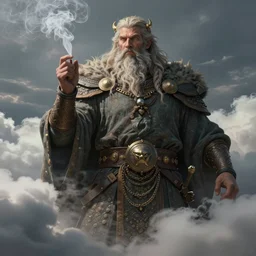 a colossal norse god smoking the clouds, highly detailed, digital painting, artstation, octane render, concept art, matte, sharp focus, illustration