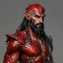 upper body portrait, of a male tiefling with red scales and black beard, highly detailed, ray tracing, digital painting, artstation, concept art, smooth, illustration
