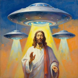 three UFOs hovering over an African Jesus, painting by Hsiao-Ron Cheng, colorful,