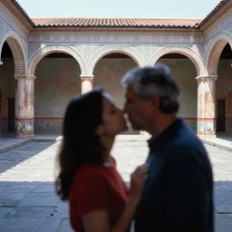 out of focus, dof a kiss in the foreground, photography by saul leiter and ernst haas in an empty decorated pompeii court, airforce blue, red, bright pale green