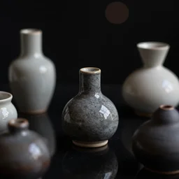 shino ceramics studies with innovative organic shapes, background black, bokeh, macro view, megapixel, moody lighting, cinematic lighting, ray tracing reflections