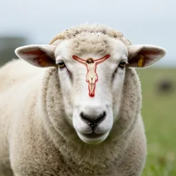 a sheep with jesus christ on it's face