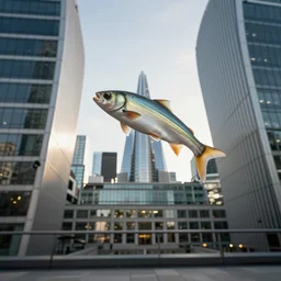 fish flying through city of london