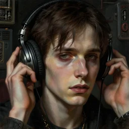 a epic norman rockwell painting close up face portrait of emo listening to music with headphones on in a dark liminal space room, gritty tech, deep focus, fantasy, intricate, elegant, highly detailed, digital painting, artstation, concept art, matte, sharp focus, illustration, dark fantasy style art, resident evil, art by artgerm and greg rutkowski and alphonse mucha
