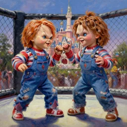 the doll chucky cage fighting the doll annabelle in an epic mma fight, dramatic poses, disneyland as backdrop, oil painting, by greg rutkowski