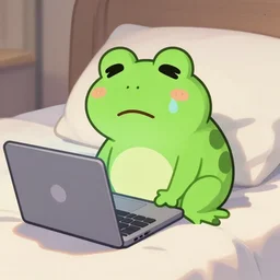 peepo the frog!!!, crying!! on bed with laptop!!!,