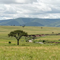 green hills, foreground savanna tree, erosion channels river, landslide road, background mountains, high summer, cloudy sky, heavy grain, high quality,