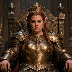 portrait, chubby female dwarf queen, bronze dwarven breastplate, elaborate braided hair, regal and proud robust woman, bold serious expression, style by donato giancola, wayne reynolds, jeff easley dramatic light, high detail, cinematic lighting, artstation, dungeons and dragons, throne room,