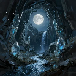 concept art by jama jurabaev, cel shaded, cinematic shot, trending on artstation, high quality, brush stroke, crystal cave under mysterious moonlight, and the streams are dotted with stars