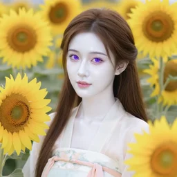 beautiful lady wearing hanfu surrounded by sunflowers, brown long hair, shiny white skin, violet eyes, white background, low fantasy, extremely detailed, sharp focus, smooth, digital illustration, by rossdraws, frank franzzeta, sakimichan