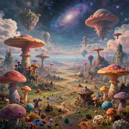 a view of a surreal alien variated planetary fractal landscape with gigantic and small colorful exotic fungus of varying densities and sizes scattered across the vast landscapes, surreal clouds, floating islands, 4 k, retro, detailed, vibrant, weird skies, extradimensional, stars, galaxies, nebula, trending on artstation