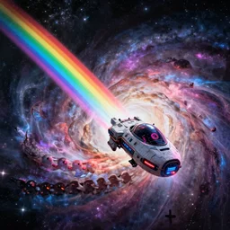 a gay trans rainbow pride single lone cyberpunk spaceship emerging from a galactic nebula leaving a rainbow contrail like nyan cat, a surreal acid trip, by michael wm kaluta, unreal engine high definition award winning trending on artstation, highly detailed, full color