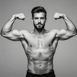 b & w portrait photography of gigachad flexing every muscle at once