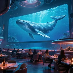 Futuristic-looking cyberpunk restaurant underwater below ocean with whales big screen. Chairs with people sitting in the restaurant in the style of sci-fi movie. Cinematic, ArtStation, realistic photograph, ambient, vibrant colors, rays, Unreal Engine 5, rendered by Octane.