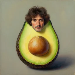 bob ross embedded in an avocado, surrealist painting