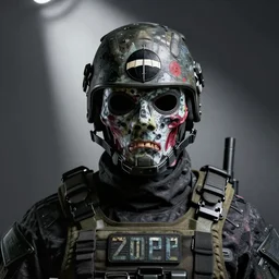 zombie spec - ops head with mask, resident evil umbrella corporation logo on forehead, special forces, dark design, professional photo, intricate details