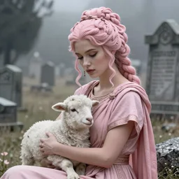 cinestill 5 0 d portrait of a beautiful dreamy woman by liebovitz, sitting in a hyper detailed ancient misty cemetery, holding a white lamb, pale pink tonal matt, hair intricate style, wearing are intricate ancient roman dress, elegant, highly detailed, soft blur, artstation, sharp focus, head in focus,