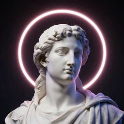 a neon ring surrounding the head of a renaissance statue, 3 d render