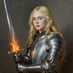 Painting of Elle Fanning in knight armor with a flaming sword, long blonde hair, delicate, pale milky white porcelain skin, by Edward Hopper. 8K. Extremely detailed.