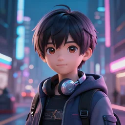 a beautiful portrait of a cute anime boy in cyberpunk city. volumetric lighting, subsurface scattering, hyperrealistic, render, hyperdetailed